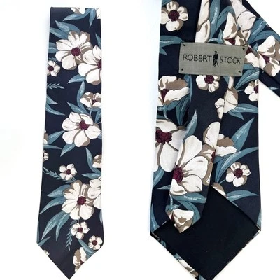 Robert Stock 真丝领带花卉蓝色象牙白 — 第 1/4 张图片