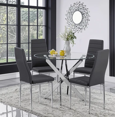 100cm Round Glass 4 Seater Dining Table and Chairs for Kitchen & Dining Room - Image 1 of 4