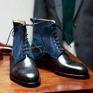 Handmade Men's Two Tone High Ankle Cap Toe Suede & Real Leather Dress Boots