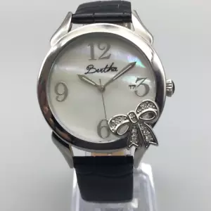 Bertha Bow Watch Women 38mm Silver Tone MOP Date Black Leather Band Rhinestones - Picture 1 of 16