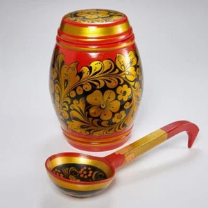 Russische UdSSR Chokloma bemalt Holz Volk Handwerk Fassform Kanister & Schöpfkelle - Bild 1 von 12