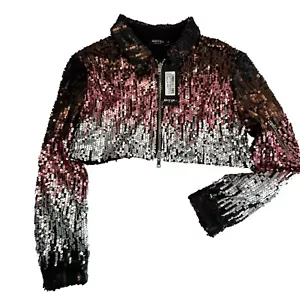 NUOVO Nasty Gal Ombre Paillettes Cropped Giacca Taglia Media Rosa Argento Clubwear - Foto 1 di 13