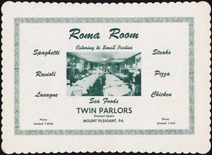 Vintage placemat ROMA ROOM Twin Parlors Sea Foods Pizza Steaks Mount Pleasant PA - Picture 1 of 2