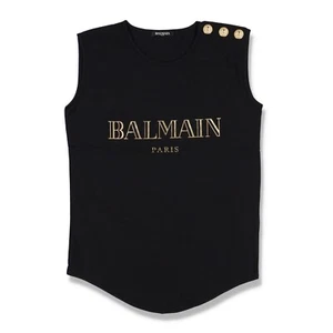 Canotta Balmain nera con logo oro metallizzato bottoni leone | Taglia FR 34 (XS) $450 - Foto 1 di 7