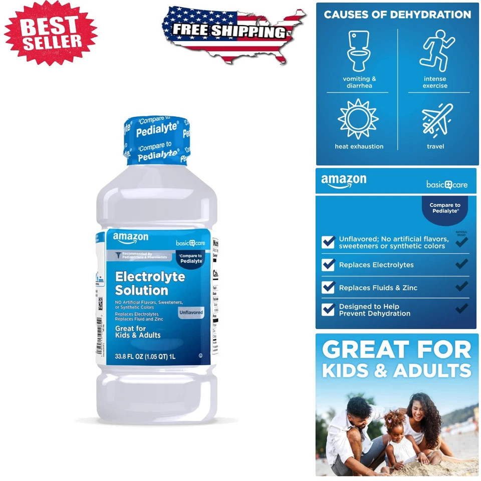 Amazon Basic Care Oral Electrolyte Solution Unflavored 33.8 fl oz (Pack of 1)