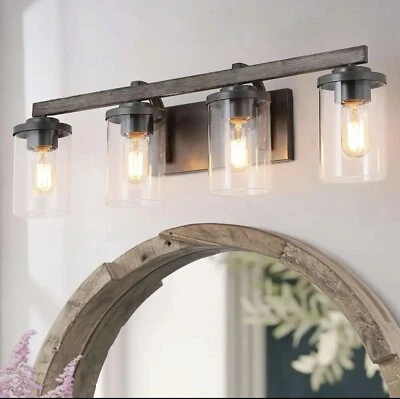 LNC Birddlewood 28 in. 4-Light Rust Gray Bathroom Vanity Light with Wood 2021 - Image 1 of 4