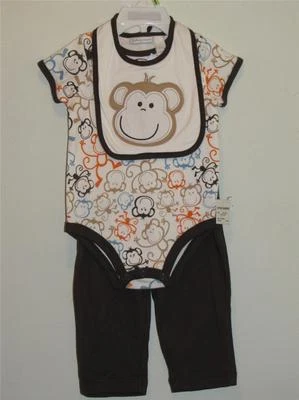 Nuevo Body First Impressions 3 Piezas Jungle MONKEY, Babero y Pantalones Marrón, Talla 3-6M Foto 1 de 3