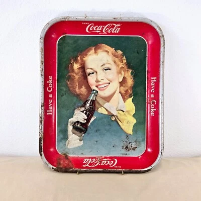 Vintage 1950s Coca Cola Metal Serving Tray Red Hair Girl Drinking Coke 13x11 - Image 1 of 3