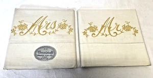 Vintage 1950's Pennicraft Embroidered Gold Pair of MR & MRS Pillowcases Unused - Picture 1 of 4