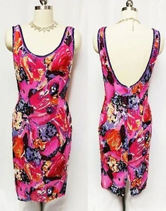 VINTAGE ROSE PERIWINKLE BLACK BEADED SEQUIN PEARL SILK COCKTAIL DRESS LOW BACK - Picture 1 of 8