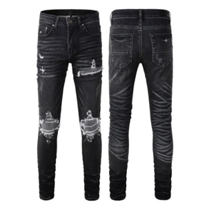 Black Distressed Skinny Stretch Jeans,Knee Rips Patch & Crystal Rhinestone Decor - Picture 1 of 16