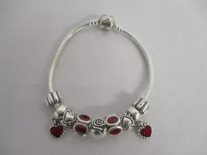 PANDORA STERLING SILVER BRACELET with Red HEART CHARMS ~ LOVELY - Picture 1 of 4