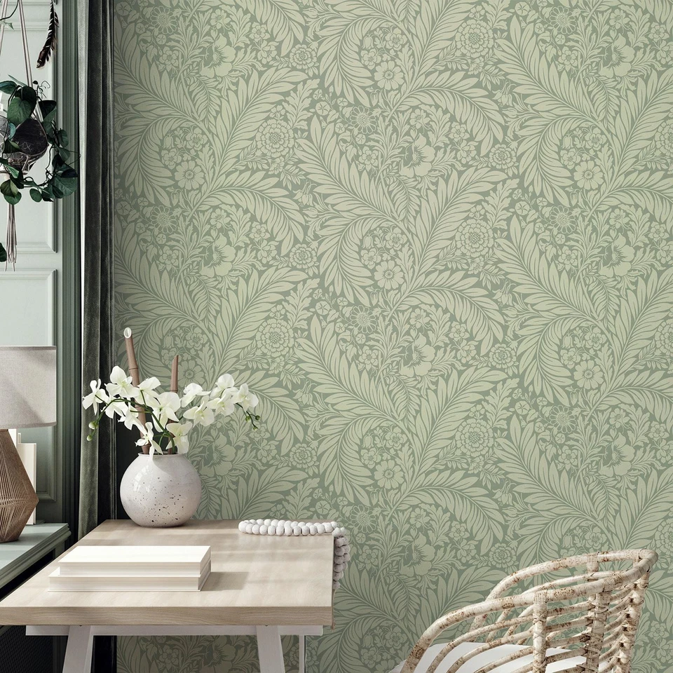 Florence Leaf Wallpaper Belgravia Green 720 Intricate Floral Trail Stripes