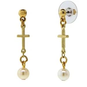 1928 JEWELRY SYMBOLS OF FAITH 14KT GP Cross & Pearl Drop Earrings**NEW! - Picture 1 of 2