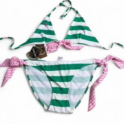 Biquíni listrado Juicy Couture novo com etiquetas tamanho médio verde, rosa e branco - Imagem 1 de 4