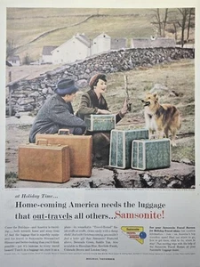 Samsonite Luggage Couple Home-Coming Rural Town Collie Vintage Print Ad 1957 - Picture 1 of 4