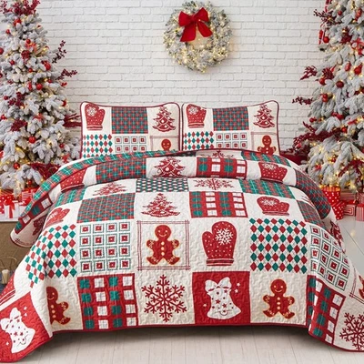 WONGS BEDDING Christmas Quilt Set King Christmas Tree Snowman Snowflake Glove... - Image 1 of 4