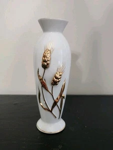 Vintage Bud Vase Japan - Raised Gold Wheat Relief Ceramic Flowers MCM - Picture 1 of 7
