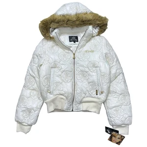 Deréon Jacket Women Large Winter White Hooded Puffer Faux Fur Trim Deadstock Y2K - Picture 1 of 13