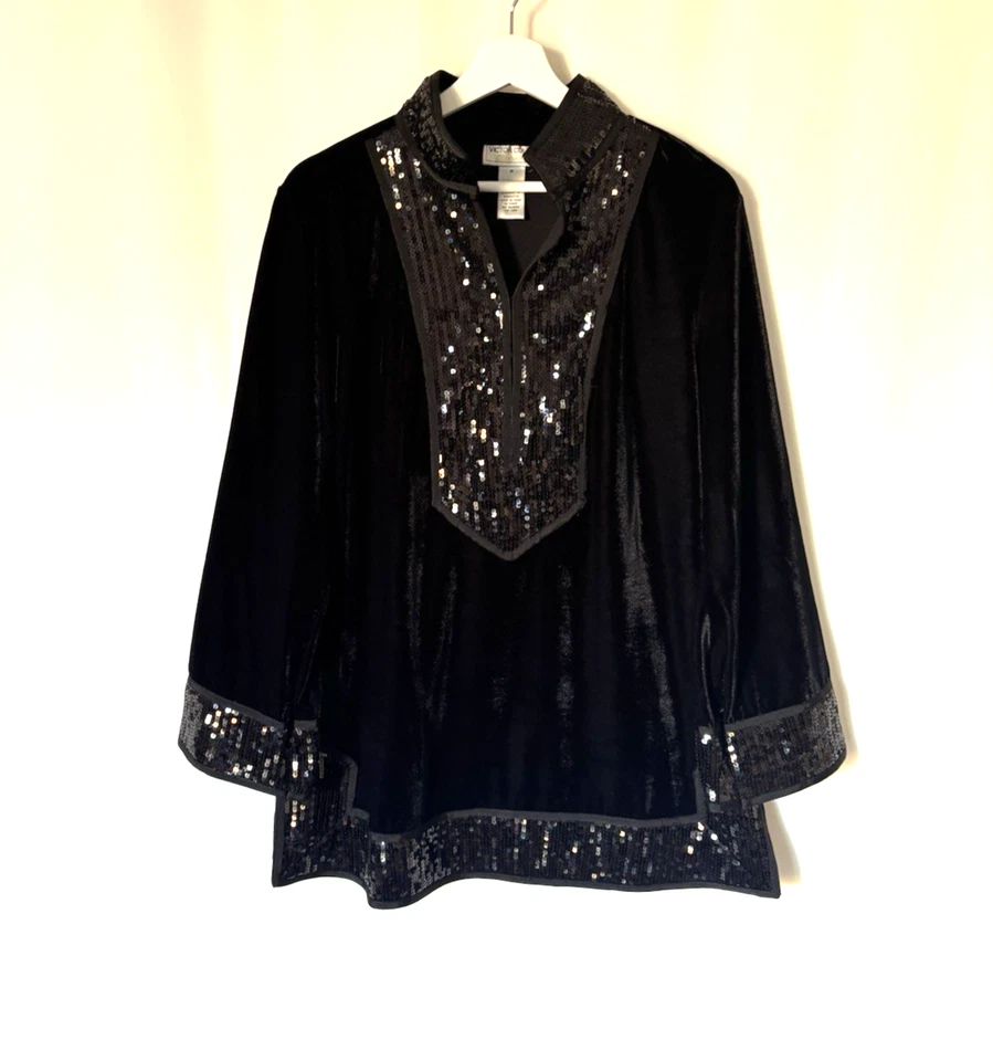 Top túnica Victor Costa mediano negro terciopelo lentejuelas para mujer vacaciones Foto 1 de 4