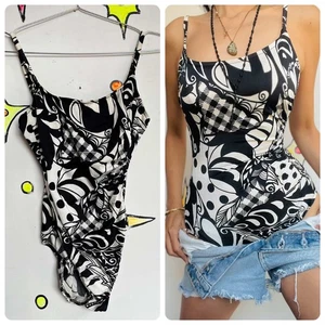 Vintage 70s/80s Sandcastle White & Black Patchwork Polka Dot Swimsuit - Size 8 - Picture 1 of 3