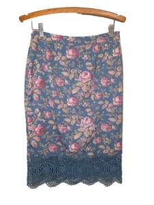 Free People Bleistiftrock rosa rosa Blumen schwere Spitze blau Schlitz Damengröße 6 - Bild 1 von 11