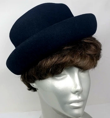 Vintage Platania Black 100% Wool Bowler Cloche Hat Upturned Rolled Brim Art Deco - Image 1 of 4
