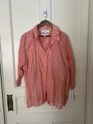 Caroline Rose 2 件套皱褶面料衬衫套装女式大号珊瑚色全新带标签 — 第 1/4 张图片