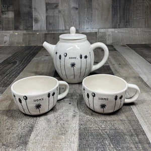 Vintage Early Rae Dunn Home Teapot & 2 mugs cups Magenta M black & white flowers - Picture 1 of 24