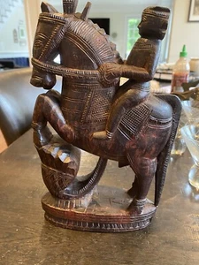 South Indian Wood Carved Man Riding Horse - Picture 1 of 9
