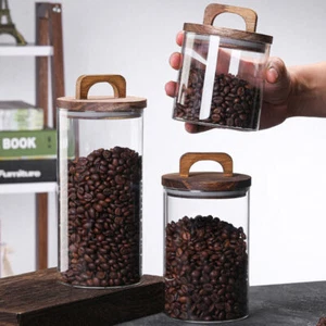 Wood Lid Glass Sealed Jar Coffee Bean Storage Tank Tea Display Bottle Canister - Picture 1 of 10