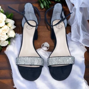 I MILLER Rhinestones Black Sparkly Open Toe Block Heel Sandal 10 Wedding Formal - Picture 1 of 6