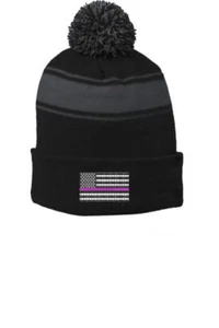 Thin Pink Line Flag Breast Cancer Awareness Komen Black Pom Pom Hat - Picture 1 of 1