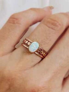 Ethiopian Fire Opal Art Deco 14K Gold Plated Silver 3Pc Wedding Ring Set For Her - Picture 1 of 7
