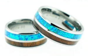 8mm Men's Tungsten Blue Opal Hawaiian Koa Wood Wedding Band Ring Comfort Fit - Picture 1 of 2