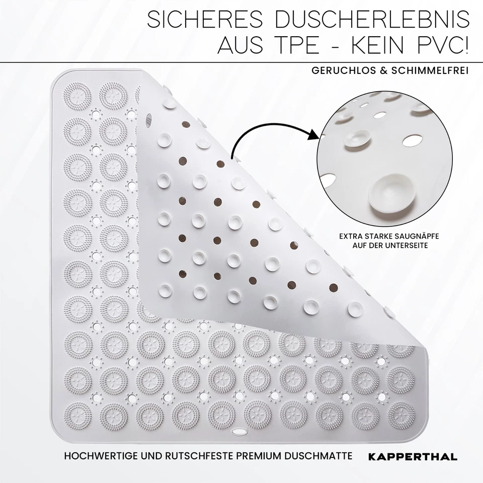 Rutschfeste Duschmatte 54x54 cm – PVC-frei mit Massage & Saugnäpfen, Weiß - Bild 1 von 4