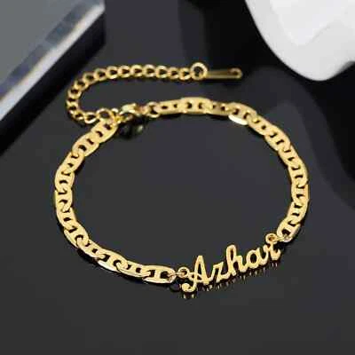 Tobillera con nombre personalizada cadena plana acero inoxidable joyería oro plata letras Foto 1 de 4