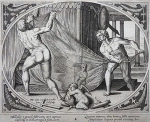 KUPFERSTICH ALLEGORIE ZWEI GÖTTER FANGEN EINE FRAU IM NETZ COLLAERT GALLE 1600 - Picture 1 of 1