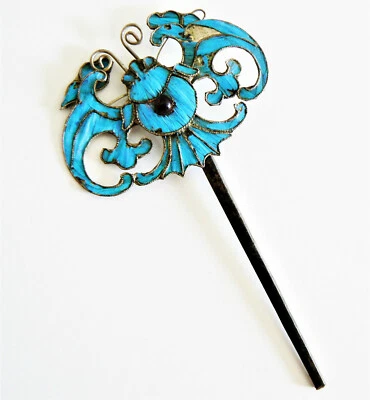 БОЛЬШАЯ заколка для волос из перьев зимородка династии Цин китайский турмалин Тянь-цуй 點翠 碧玺 - Изображение 1 из 2