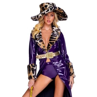 Disfraz de proxeneta abrigo largo estampado de leopardo imitación piel ribete sombrero cinturón púrpura dorado 6392 Foto 1 de 4