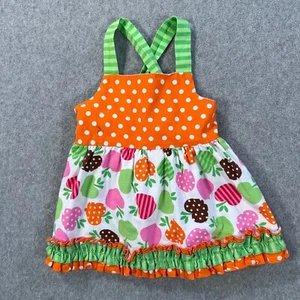 Rare Editions Apple Shirt Ruffle Smocked Girls 3T Orange Green Pink Polka Dot - Picture 1 of 7