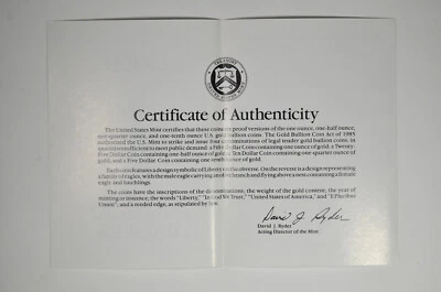 1992 US Gold American Eagle 4pc Proof Set Cert of Authenticity  - COA Only! - Image 1 of 3