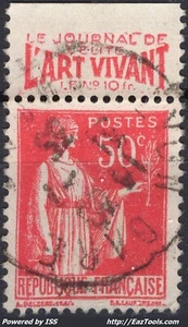 FRANCE TYPE PAIX N° 283 BANDELETTE PUB L'ART VIVANT AVEC OBLITERATION - Picture 1 of 2