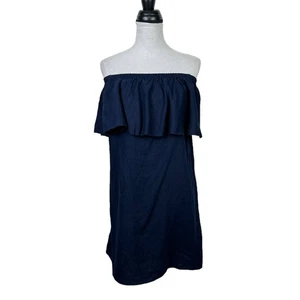 Old Navy NWT Women's S Off the Shoulder Ruffle Navy Blue Linen Blend Shift Dress - Picture 1 of 8