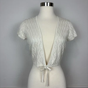 Ann Taylor Cropped Cardigan Beaded Cream Silk Cashmere Tie Front Sz M Babydoll - Picture 1 of 15
