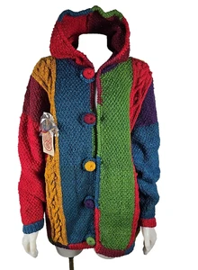 RARO - Vintage NOS - Maglione donna Amano Colorblock cardigan con cappuccio lana 2X - 3X - Foto 1 di 5