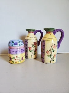 Patchwork Handpainted Vinegar & Oil Set With Salt Shaker - Picture 1 of 9