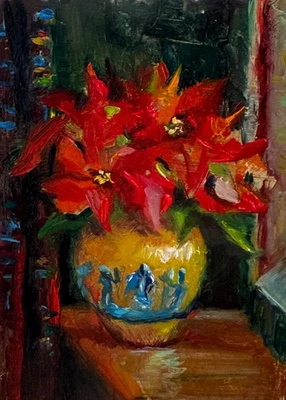 ACEO ORIGINAL hand made oil painting -“red poinsettias in a Greek vase” - Image 1 of 2