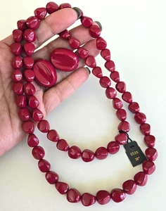 Vintage Trifari Burgundy Red Lucite Bead Necklace 30" w/Tag Pierced Earring Set - Picture 1 of 10