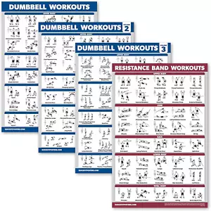 4 Pack Dumbbell Workout Posters Set with Resistance Bands Exercise Chart - Picture 1 of 12